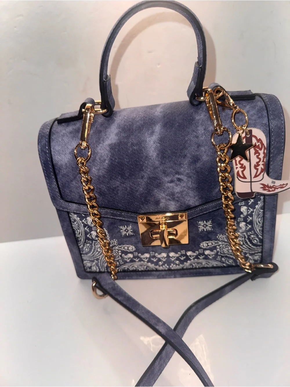 ALDO Denim Look Bandana Print Top Handle Crossbody Satchel Cowboy Boot Charm NWT - Picture 3 of 11